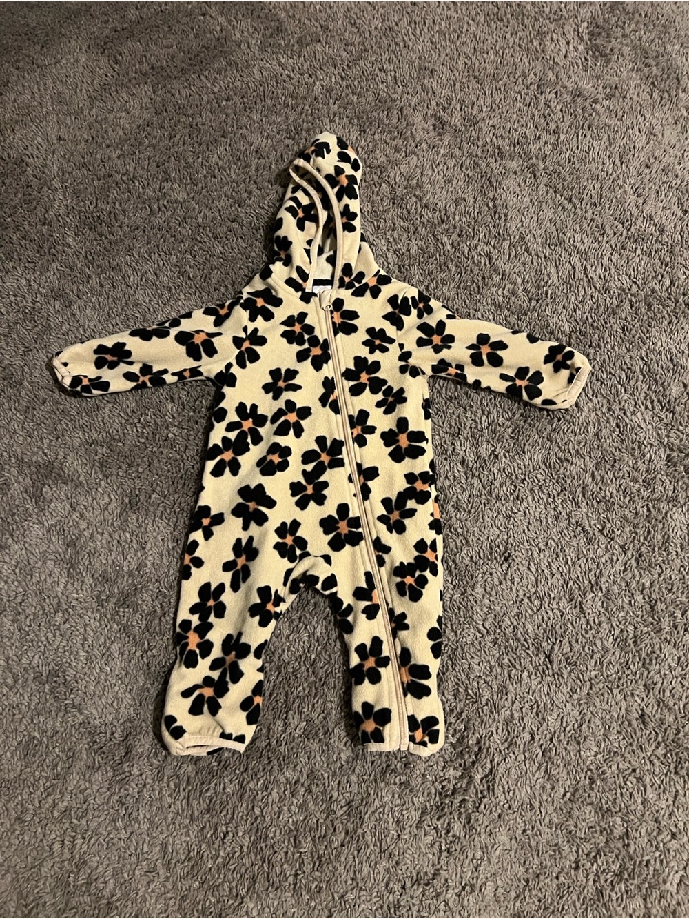 wonder nation Cream Floral Hooded Fleece One-Piece with Black and Tan Flowers